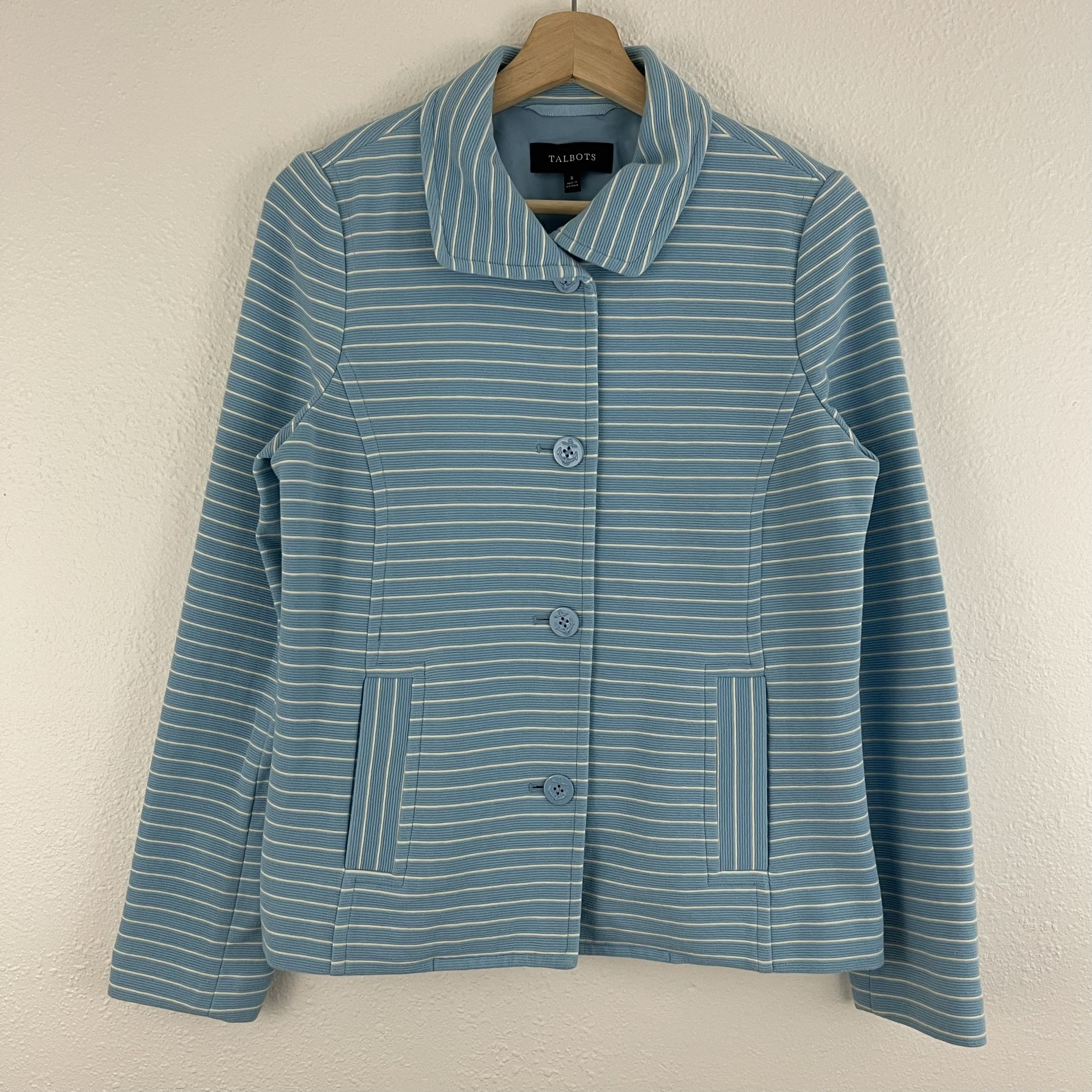 TALBOTS Light Blue White Stripe Ribbed Sailor Nautical Button Up Blazer Jacket