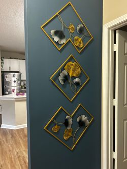 Modern Gold & Blue Metal Wall Art – Set of 3