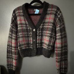 Cardigan Houndstooth Sweater Black Red 