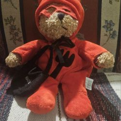 HOLLOWEEN BROWN TEDDY BEAR IN A RED DEVIL OUTFIT  PLUSH  TOY 