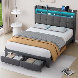 Queen Size Bed Frame, Upholstered Headboard, and 2 Drawers, Linen Upholstered Platform Bed