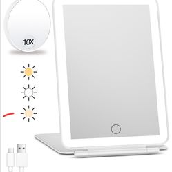 Rechargeable Travel Makeup Mirror with Lights and 10X Magnifying Mirrors, Portable Lighted Vanity Mirror with 80 Led,2000mAh Battery,3 Color Lighting,