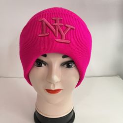 Embroidered NY Men Women Winter Knit Fur lined Beanie Hat - Fuchsia Pink