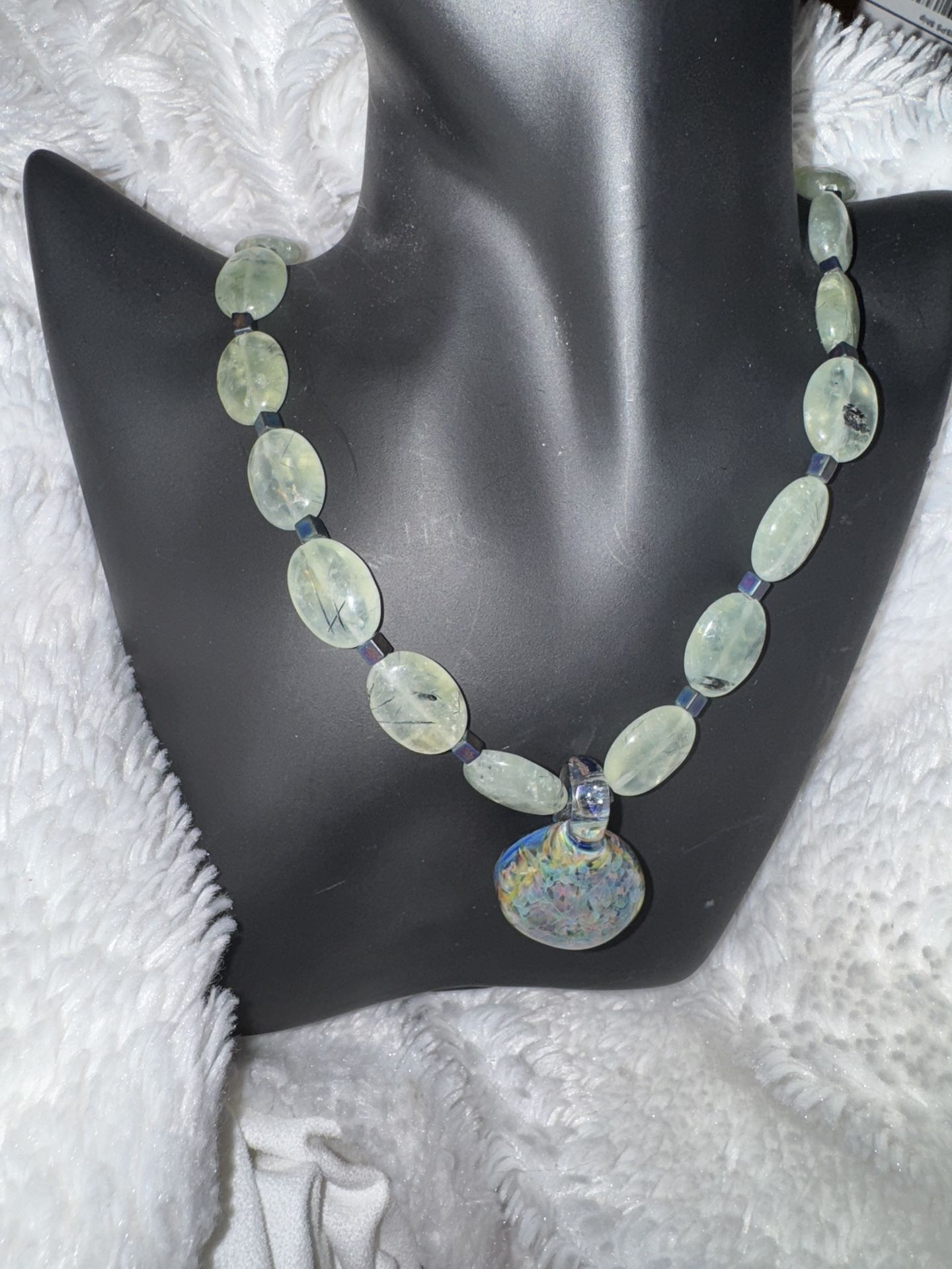 Beautiful Natural Dramatic Real Prehnite & Art Glass Rondels Necklace. 20"
