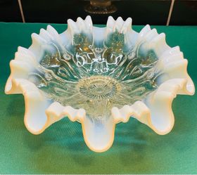 Stunning opalescent pressed glass bowl with ruffled rim by Dugan Glass company
