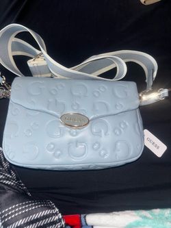 Guess Embossed All-Over 'G' Logo Flap Crossbody Bag in Powder/Light Blue