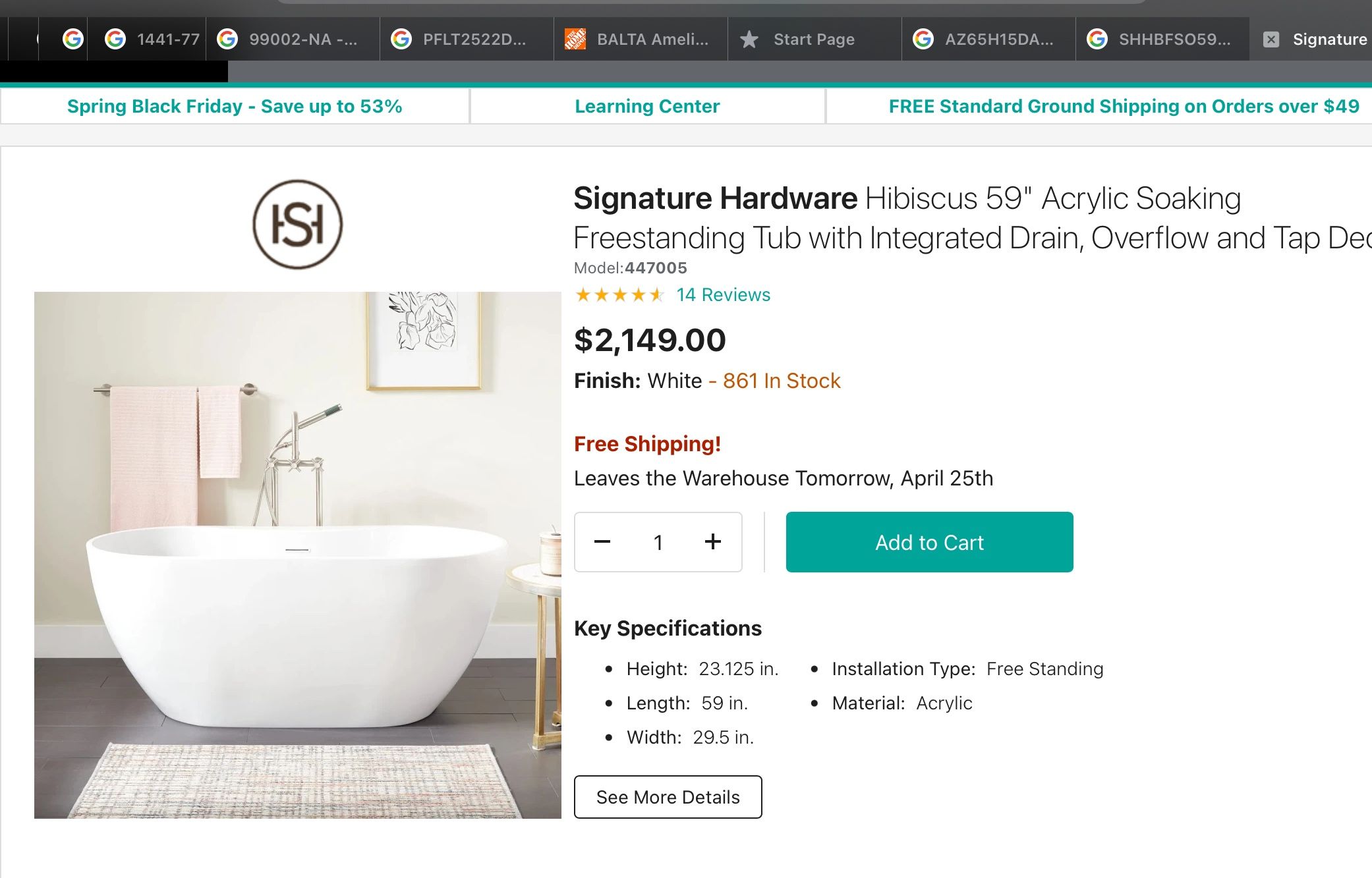 Signature Hardware Hibiscus 59" Acrylic Soaking Freestanding Tub with Integrated Drain, Overflow and Tap Deck