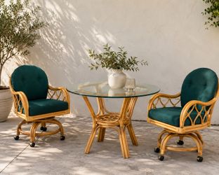 Vintage Rattan Swivel Chair & Glass Table Conversation Set