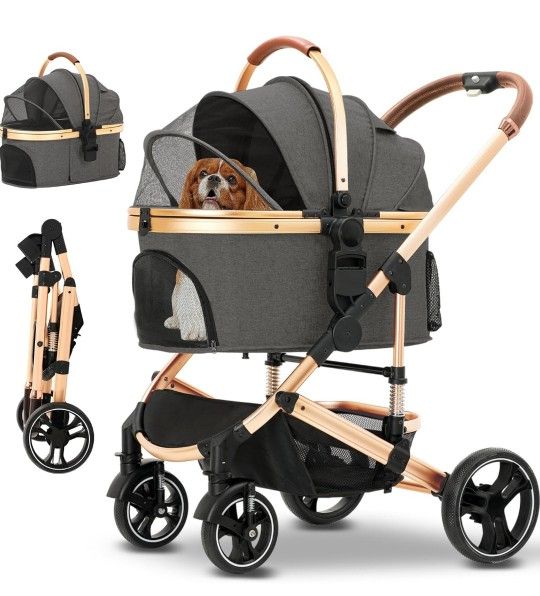 Pet Stroller 3 in 1 Folding Lightweight Dog Stroller with Detachable Carrier & Storage Basket, Premium 4 Wheels Travel Stroller for Puppies, Doggies,