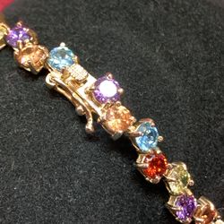 Beautiful Gold Over 925 Sterling Silver Multicolor Crystal Tennis Bracelet