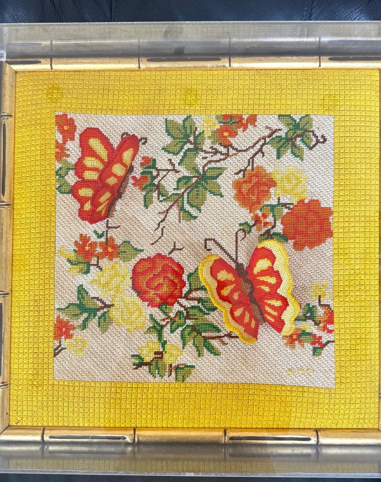 VINTAGE NEEDLEPOINT WITH RAISED 3-D BUTTERFLIES FRAMED IN ACRYLIC HANGING SHADOWBOX