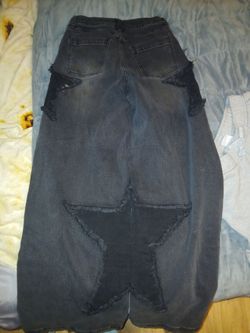 Black Denim Maxi Skirt with Star Patch