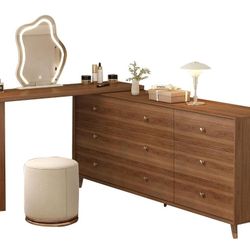 Walnut Color Makeup Vanity Desk with Cloud Shape Touch Screen Mirror with Storage Cabinet and Stool