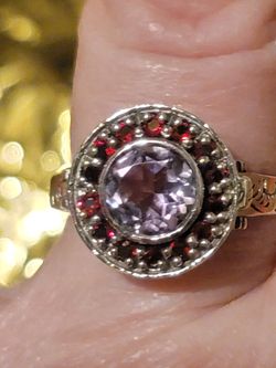 Beautiful Solid 925 Sterling Silver Poison Ring. Has A Natural Purple Amethyst And Red Rubys All Around It And The Top Part Of The Ring Opens Up Size 