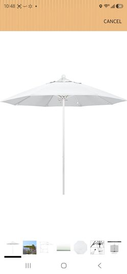 California Umbrella 9' Round Aluminum/Fiberglass Umbrella, Push Open, Silver Pole, Olefin White Fabric