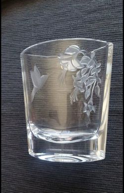 Crystal Czech Vase, engraving Hummingbird with flowers. 5.5 inches