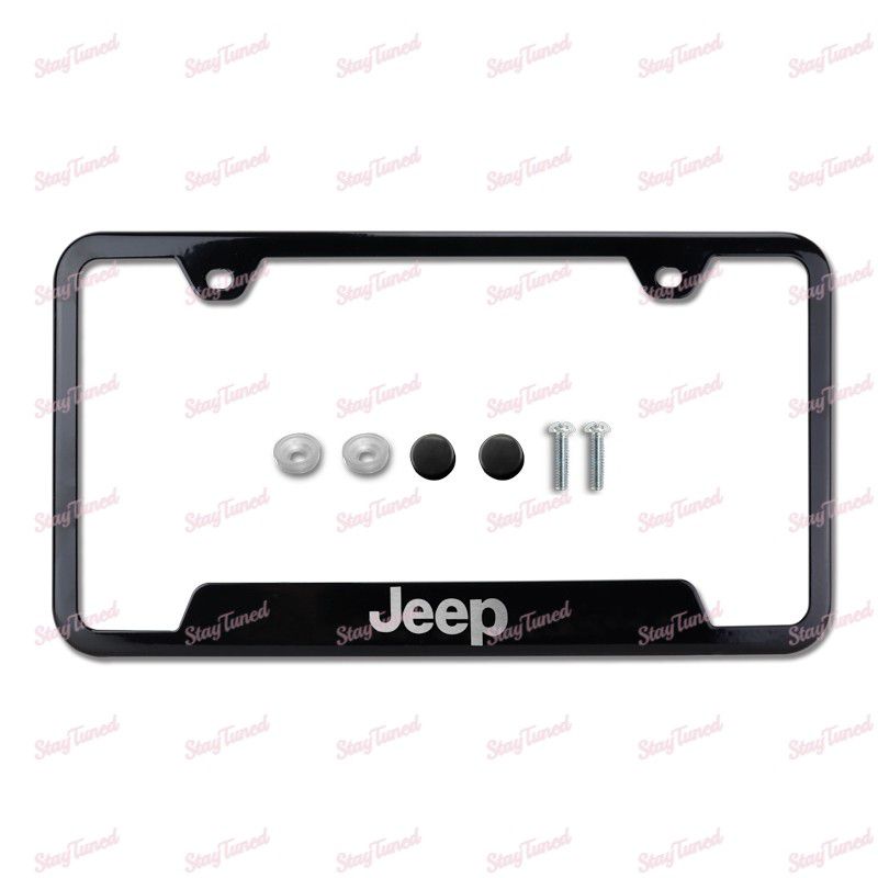 Au-Tomotive Gold For JEEP Laser Logo Black Stainless Cut-Out License Plate Frame -(3-LF1-GF-JEE-EB