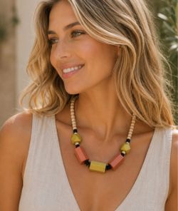 Handmade Wooden Statement Necklace – Geometric Beads – Mustard & Terracotta