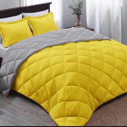 Basic Beyond Queen Comforter  - Yellow and Gray Comforter Queen, Reversible Bed Comforter 