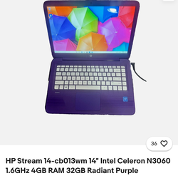 HP Stream 14-cb013wm 14" Intel Celeron N3060 1.6GHz 4GB RAM 32GB Radiant Purple LAPTOP
