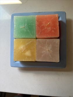 Vtg Set of 4 Square Wax Candles New on Blue Tray OBO