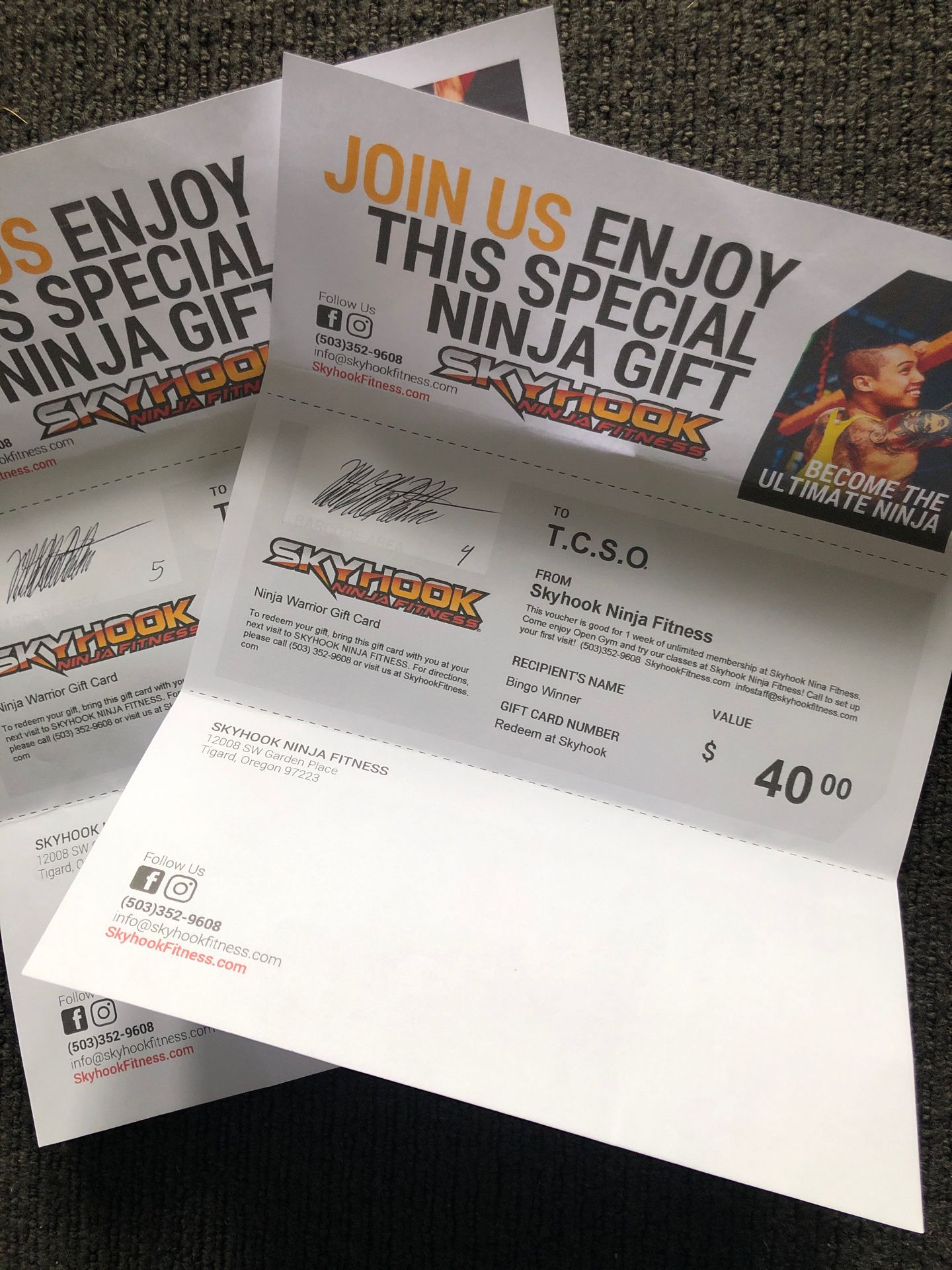 Skyhook ninja fitness gift certificate