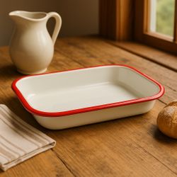 Vintage 1960s White Enamel Baking Tray Pan Red Rim, 11.5x8x2”