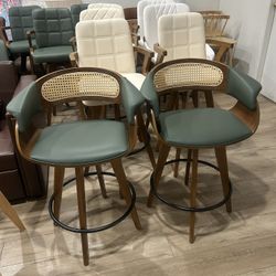 Set of 2 Rattan Swivel Counter Stools - 26.4 inch Mid Century Modern Counter Stools with Cane Back, Upholstered Seat, Curved Arms, Bar Stools for Isla