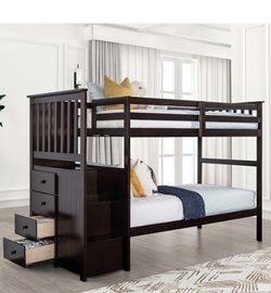 Twin / Twin Bunkbed with stairs and storage drawers.