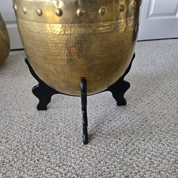 Vintage Hammered Brass Planter Pots With Wooden Stands