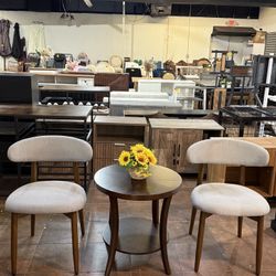 🔥Set Of 3🔥Modern Fabric Upholstered Kitchen Chairs, Wooden Dining Room Chair with Curved Back With Modern Contemporary Shelving Side Table with Roun