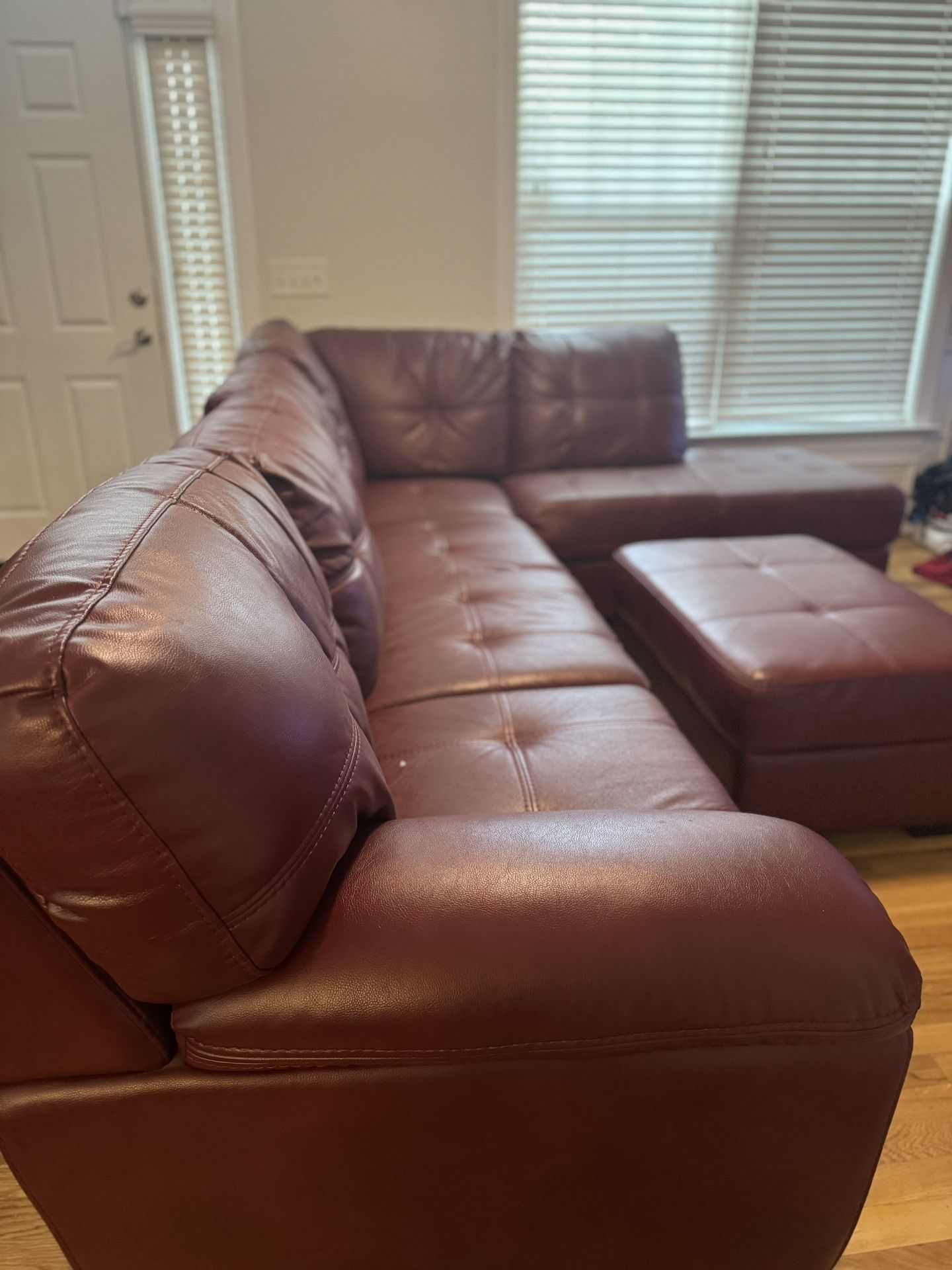 Comfortable 3-Piece Red Leather Sectional Sofa with Ottoman