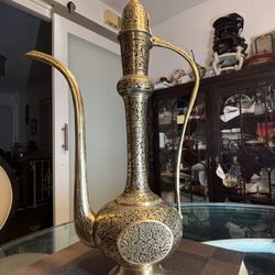 18.5” Original Etched Brass Teapot Coffee Pot Stamped India And Number