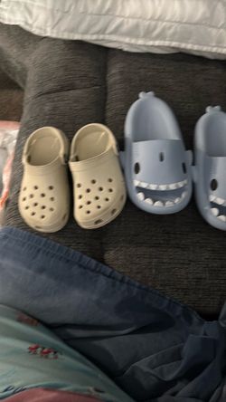 Beige Crocs size 12 Blue shark slides fits for kids size 1-2