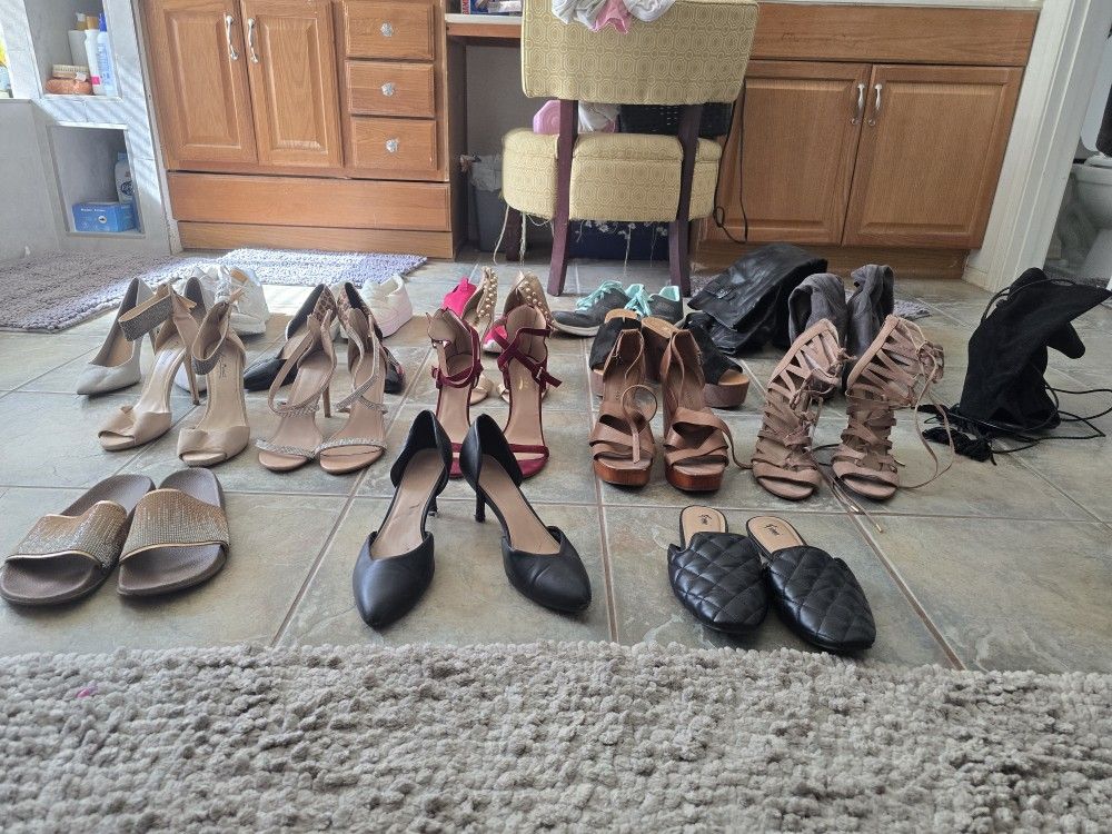 Woman's Heels, Boots, Sneakers, Flats, Work Shoes 19 Pairs Total Size 10.