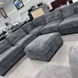 New 127x127 Gray Corduroy Sectional Couch With Ottoman / Free Delivery 