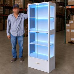 New In Box 67 Inch Heavy Duty Tempered Glass Memorabilia Collectibles Display Shelf Cabinet Storage Stand With LED Light And Drawer 