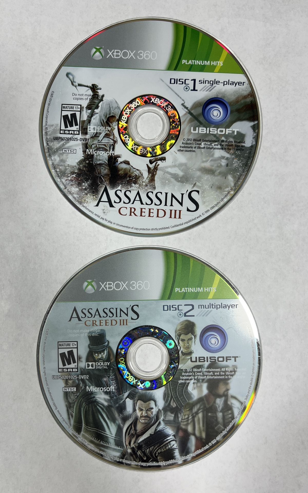 Assassins Creed III 3 Disc 1 & Disc 2 XBOX 360 Video Game Disc Only