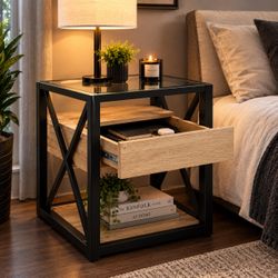 Glass Top Luxury Oak Nightstand✨