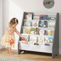 Sturdy Kids Bookshelf, Children Display Rack, 4 Sling and 2 Storage Boxes for Toys Organizer,