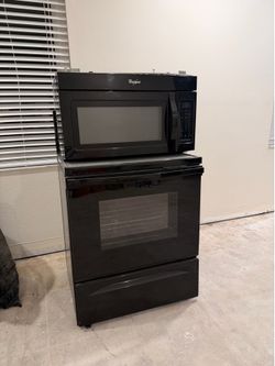Whirlpool Black Stove and Over the Range Microwave