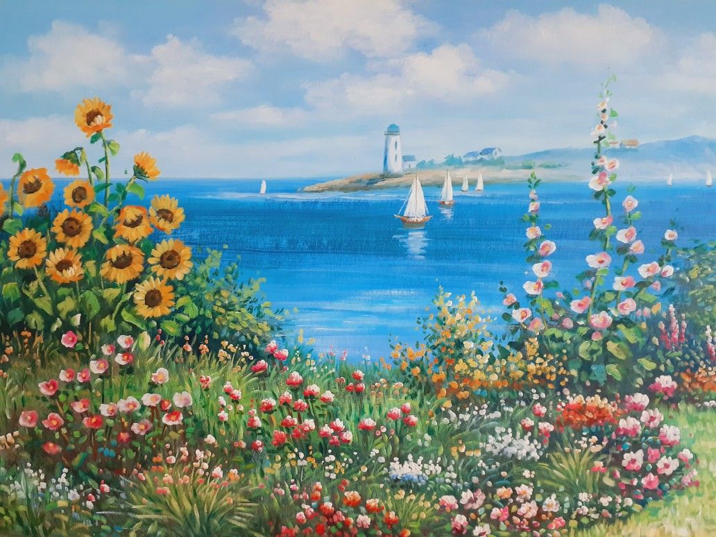 Sunflowers & Sailboats Oil Painting