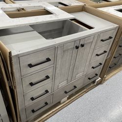 Bathroom vanity cabinet 48” solid mango Quartz top with sink and backsplash