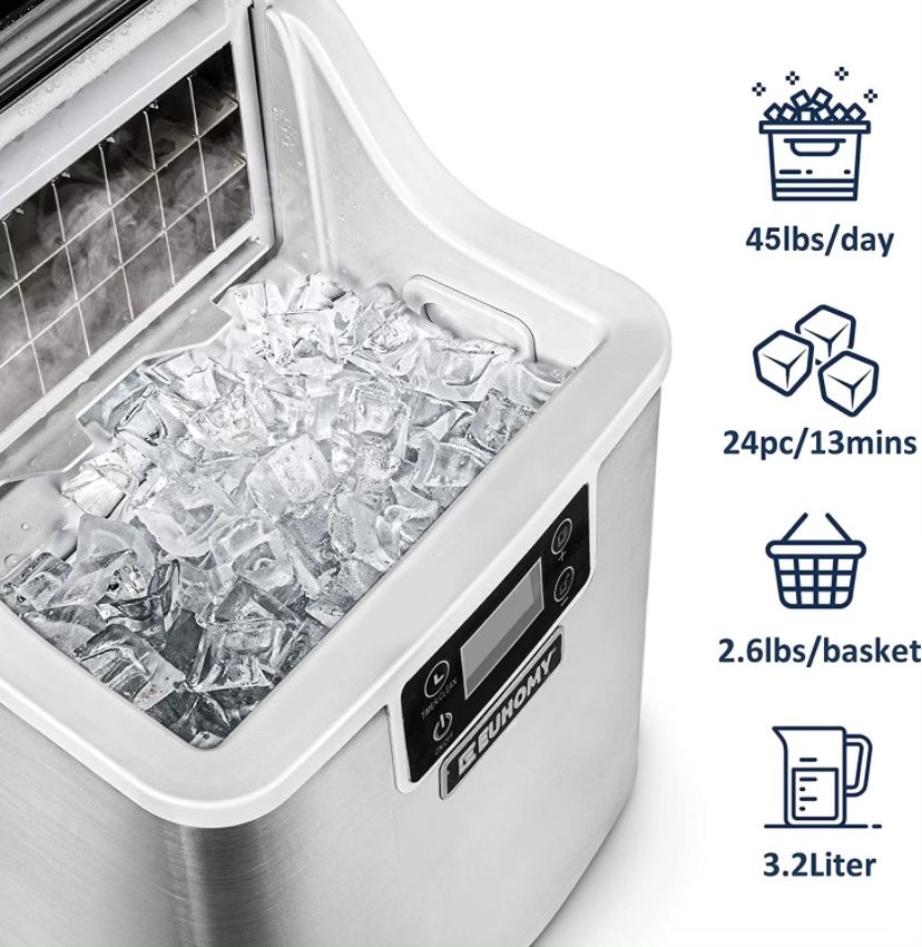 EUHOMY Ice Maker Machine Countertop, 2 Ways to Add Water,45Lbs/Day 24 Pcs Ready in 13 Mins, Self