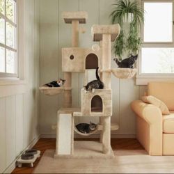 Large Cat Tree w/ Hammock & Condo - 66" Multi-Levek Tower (Beige