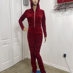 Burgandy Stretchy Velvet Ruched Bodycon Hooded Jumpsuit, Size Medium
