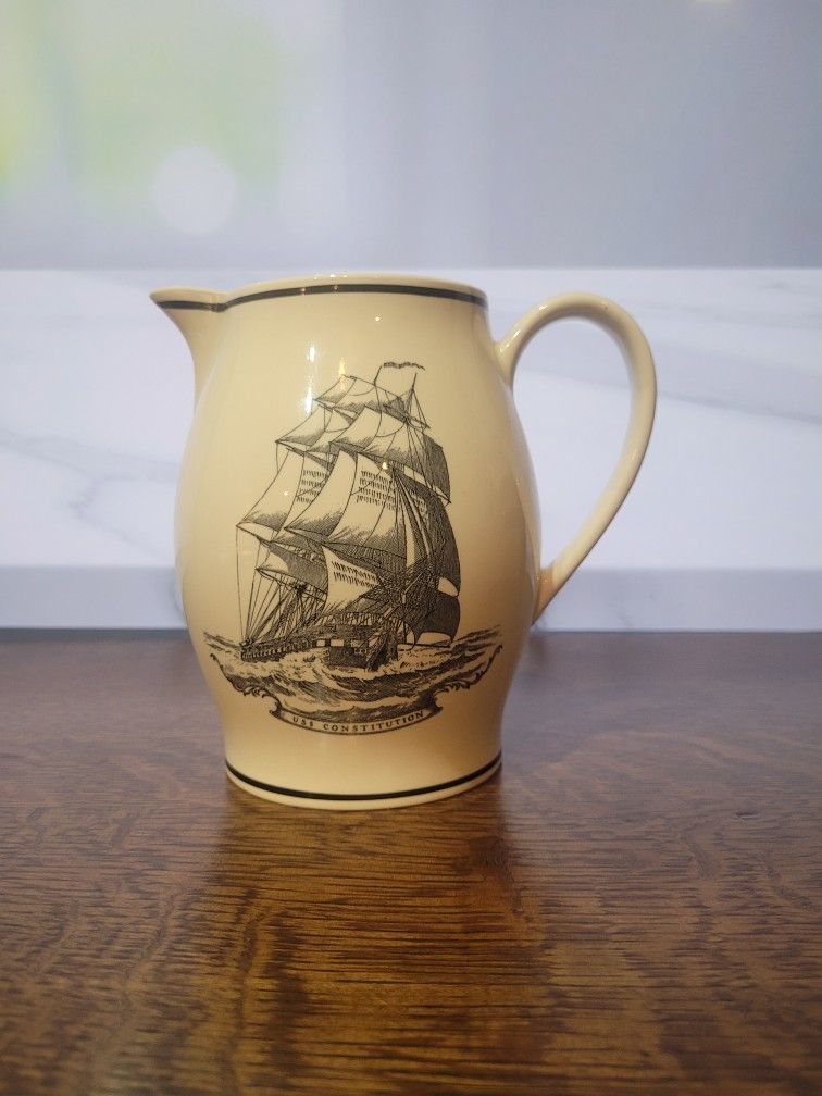 Vintage Wedgwood "Old Ironsides" USS Constitution Commemorative Creamer Pitcher - Black Transfer Eagle & Frigate for Shreve Crump & Low, Circa 1940
