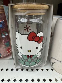 Hello Kitty Christmas Tree Glass Tumbler With lid & Straw