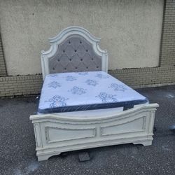 Queen Size Realyn Upholstery Bed Frame With Brand New Queen Size Plush Pillow Top Serta Mattress And Box Spring In Plastic 