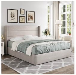 Queen Size Lift Up Hydraulic Storage Bed Frame Light Beige